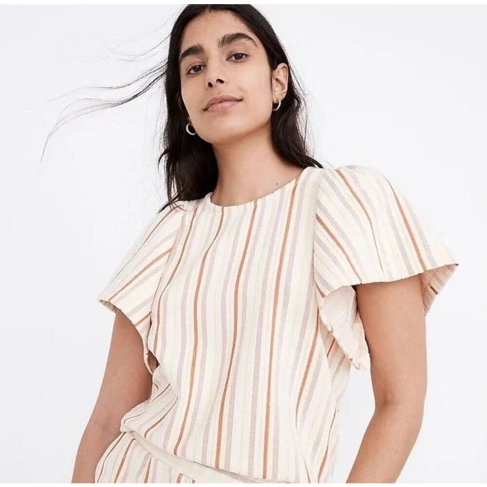 Madewell Top‎ Womens XS Cream Orange Striped Cotton Stretch Retro Flutter Sleeve